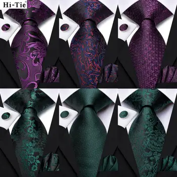 Hi-Tie Paisley лилаво зелено флорални коприна елегантна вратовръзка за мъже младоженец сватба мъже вратовръзка джоб квадратен ръкавели аксесоар на едро