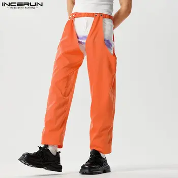 INCERUN 2023 Американски стил Мъжки панталони Личност Кух дизайн Панталони Свободно време Мъжки плътен цвят Всички съвпадащи дълги панталони S-5XL