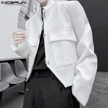 INCERUN върхове 2023 корейски стил нова мъжка мода пеперуда бутон метален дизайн блейзъри случайни твърди дълъг ръкав костюм палта S-5XL
