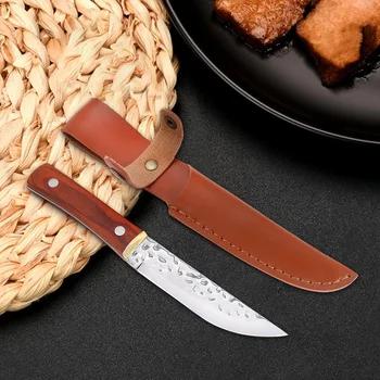 Jaswehome 1/2pcs нож за пържоли Кожена обвивка Ръчно изработен карбон 3cr13Steel Red Pakka Wood Utility Къмпинг нож Месо зеленчуков нож