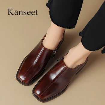 Kanseet Дамски обувки Висококачествени помпи от естествена кожа 2024 Пролет Нов квадратен пръст Ръчно изработени средни токчета Ежедневни дамски обувки кафяви 40