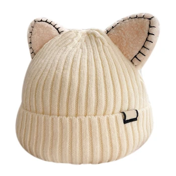 Kawaii котка уши шапки вълна плета шапка плътен цвят плюшена шапка открит тенденция капачка случайни топла шапка за деца есен зима