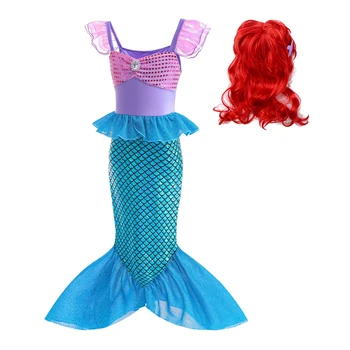 Kid Girls русалка принцеса костюм пайети риба везни отпечатани рибена опашка рокля с морска звезда перука за Хелоуин Cosplay Тема партия