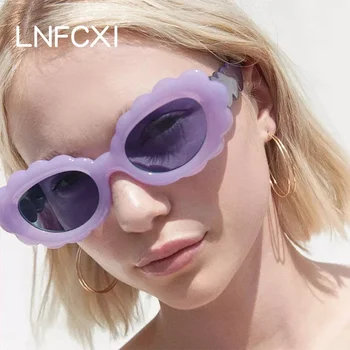 LNFCXI Нови овални желирани цветни слънчеви очила Дамска модна марка дизайнер Лилаво зелени мъжки нюанси UV400 ретро слънчеви очила