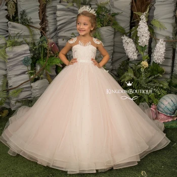Lorencia розово цвете момиче рокля за сватба дантела апликация пайети рожден ден парти конкурс носят първото причастие топка рокля YFD015