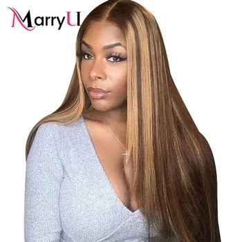 MARRYU Hair Wear And Go 4/27 Honey Brown Highlight Straight Lace Front Wigs Human Hair PrePlucked Colored Glueless Wigs