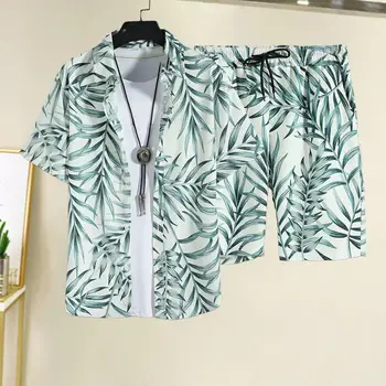 Men Palm Tree Print Shirt & Шнур талия шорти без Tee