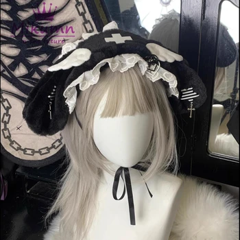 Mikumn Harajuku Kawaii Angel Wing Lace Rabbit Ear Hairband Gothic Lolita Плюшени ленти за глава Парти шапки Cosplay Аксесоари за коса