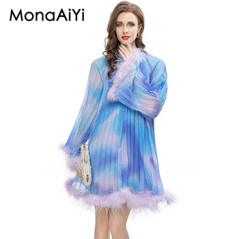 MonaAiYi Есенен полиестерен темперамент Commuter Pleated Feather Patchwork Стояща яка Дълъг ръкав Синя и розова рокля