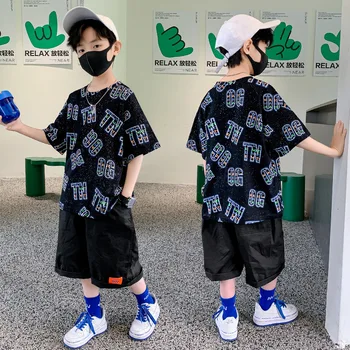 New Summer Boys Outfits Letter Print T Shirt+Shorts Cotton Kids Casual Suits 2бр Детски спортни дрехи 4 6 7 8 10 12 14 Y