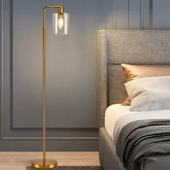 Nordic вертикална метална LED подова лампа стъклена сянка месинг полюс дъга високо осветление за всекидневна спалня офис E26 злато/черно