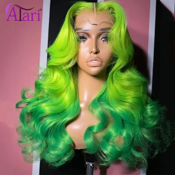 Ombre зелено тяло вълна човешка коса перуки 613 цветни мента зелено права дантела фронтална перука прозрачни 30 инча светло зелено предварително скубане