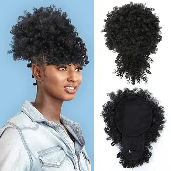 ONYX Нов синтетичен бутер афро конска опашка с бретон къс извратен къдрава конска опашка клип в косата разширения за жени