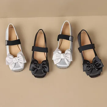 Phoentin Дамски меки копринени плоски балетни обувки сатен елегантен лък Mary janes ретро ниски токчета шик черно сребро парти обувки FT3043