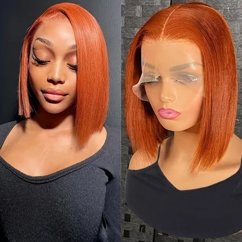 Short Bob Frontal Wigs For Women Ginger Orange Straight 180 Плътност Предварително оскубана дантела 13x4 13x6 Дантела Предна перука за човешка коса
