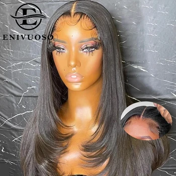 Silky Straight 4X4 синтетични дантелени затварящи перуки за черни жени Естествена линия на косата Layered Cut Wear и Go Glueless перуки за парти