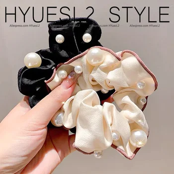 Simple Faux Pearl Silky Satin Scrunchies Large Stretchy Coffee Color Hair Ties For Women Конска опашка Шапки