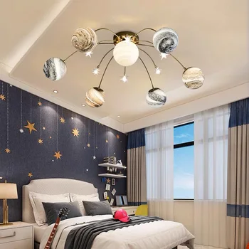 Space Planet Таванни полилеи Деца Nordic Led стая спалня таванни лампи топло и романтично стъкло блясък декор осветително тяло