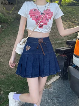 Summer Blue Kawaii Lolita деним мини пола жени висока талия корейски стил сладка пола женски Y2k лък дизайнер сладък плисирана пола