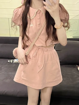 Summer Pink Sweet Two Piece Set Women Korean Fashion Cute Party Mini Skirts Suit Female Casual Solid Kawaii Skirt Suit 2023 Ново