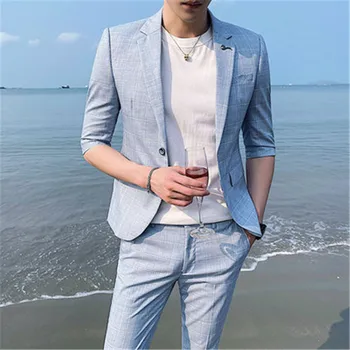 Summer половин ръкав костюми комплект 2PCS / комплект тънък годни плаж мъже костюм класически карирана парти костюми момчета якета с панталони корейски настройка