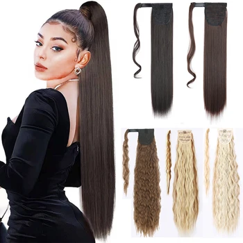 Synthetic 34Inch Wrap Around Ponytail Clip in Hair Extensions Long Straight Ponytail Natural Hairpiece Headpiece Brown Hair