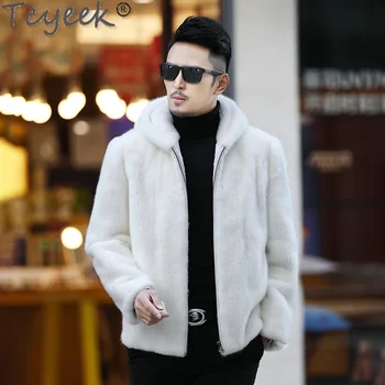 Tcyeek Natural Mink Fur Coat Men's High-end Real Fur Coat Men 2023 Winter New White Whole Mink Fur Hooded Coats Fashion Zipper