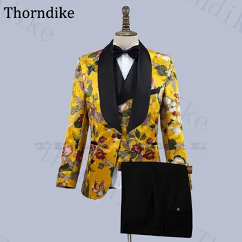Thorndike жълт мъжки костюм комплект шал ревера парти костюми по поръчка по поръчка тънък годни костюм яке & жилетка & панталон сватбен костюм 3 бр костюм комплект