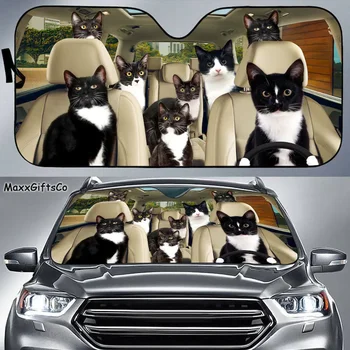 Tuxedo Cat Car Sun Shade, Tuxedo Cat Предно стъкло, Tuxedo Cat Family Sunshade, Cat Car Accessories, Декорация на кола, Подарък за татко