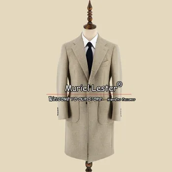 Tweed вълна смес тренчкот дълго еднореден мъжки ветровка по поръчка 1 броя мъжки костюм якета мъжки модни дрехи