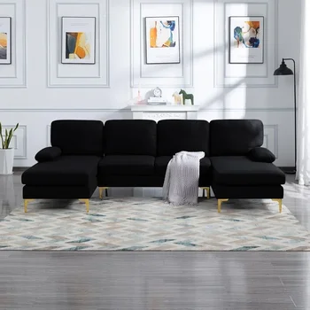 U-образен модулен диван с изключително широк шезлонг с подвижна облегалка и възглавница за седалка за хол, апартамент, черен
