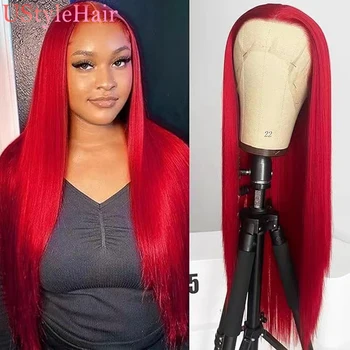 UStyleHair Hot Red Long Silky Straight Wig Glueless Lace Front Wig за жени Ежедневно използвана синтетична коса Frontal Lace Wig Cosplay