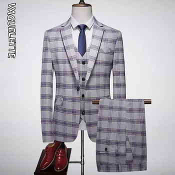 VAGUELETTE Plaid & Striped Официални елегантни костюми за мъже 3 броя Мъжки костюм Комплект Slim Fit Вечерни рокли 2023