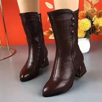 YeddaMavis Браун Мартин ботуши мода нова есен зима черно средата жените ботуши нисък ток кратко дамски ботуши цип дамски обувки
