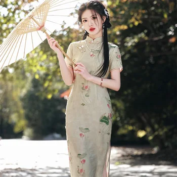 Yourqipao 2023 Есен Нова имитация Двуслойна Ramie Mid-length Cheongsam рокля Китайска подобрена пола Qipao Hanfu за жени