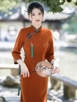 Yourqipao зима плюс кадифе три четвърти ръкави Cheongsam млад момичешки мода подобрена Qipao китайски стил рокля за жени
