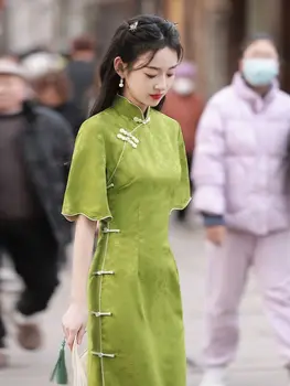 Yourqipao Подобрени китайски традиционни жени Cheongsam дълги вечерни рокли 2023 Ao Dai официални абитуриентски рокли Hanfu пола капачка ръкав