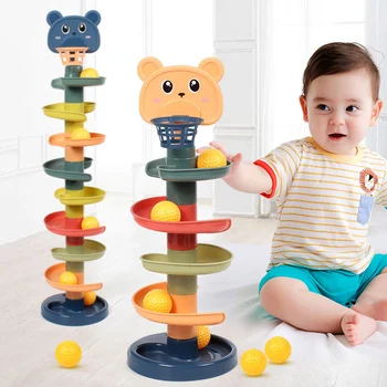 Бебешка играчка Въртяща се търкаляща топка Плъзгаща кула Детска играчка Въртяща се ранна образователна програма Track Ball Stacking Toy Gift Box за деца