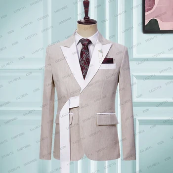 Блейзър Мъжки костюм каки яке с бял прорез флип вратовръзка бял колан официално бизнес палто тънък боди 2023