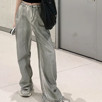 Висока талия торбести панталони жени 2023 нова мода хлабав прав метене етаж дънки Y2k улично облекло плюс размер широк крак панталони