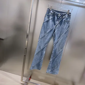 Въртящи се пискюл дънки микро-тънък разкроен панталон версия средно висока талия версия случайни мода 2023 лято нов горещ 0312