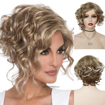 Дамска мода светло руса синтетична коса къса къдрава прическа американска ежедневна перука за дами топлоустойчиви влакна ежедневна употреба