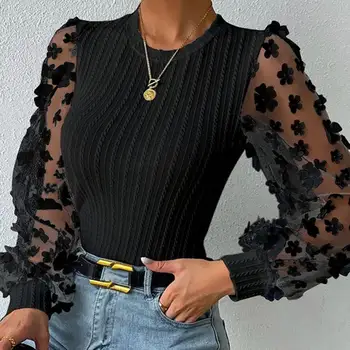 Дамска риза прозрачна мрежа цвете апликация кръг врата дълъг ръкав пуловер мека пачуърк обрат текстура OL пътуване отгоре