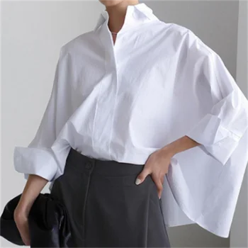 Дамска риза с дълъг ръкав жени свободно бяло наметало прилеп ръкав Нередност блуза