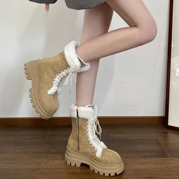 Дамски ботуши ботуши-жени зимни обувки сабо платформа кръг пръсти Австралия плосък ток обувки 2023 сняг каучук елегантен Лолита