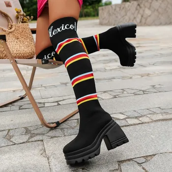Дамски ботуши за чорапи над коляното 2023 Зима Нова мода Stretch Дебели токчета Плетени дълги ботуши Жени Slip на платформа обувки