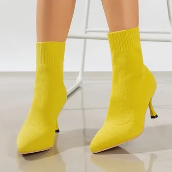 Дамски еластични чорапени ботуши есен зима стилет високи токчета плетени глезена ботуши жена приплъзване заострени пръсти висок ток Botas Mujer