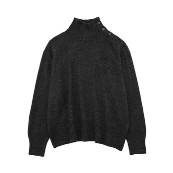 Дамски есен нов високо врата дълги ръкави хлабав удобен плетен пуловер, бутон нагоре декорация случайни мода пуловер