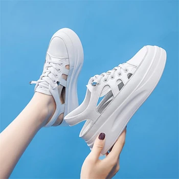 Дамски сандали на платформа Естествена кожа Удобни апартаменти Удобни дамски ежедневни обувки Бели маратонки Кухи женски сандали