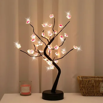 Декорация на дома USB/захранван от батерии сензорен превключвател топло бял изкуствен бонсай черешов цвят настолен дърво LED лампа нощна лампа